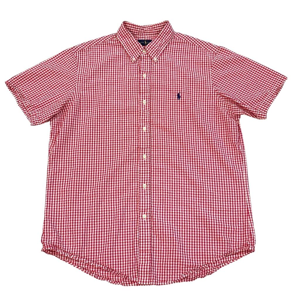 Ralph Lauren Shirt Mens Large Red Gingham Seer Sucker Button Short Sleeve Preppy